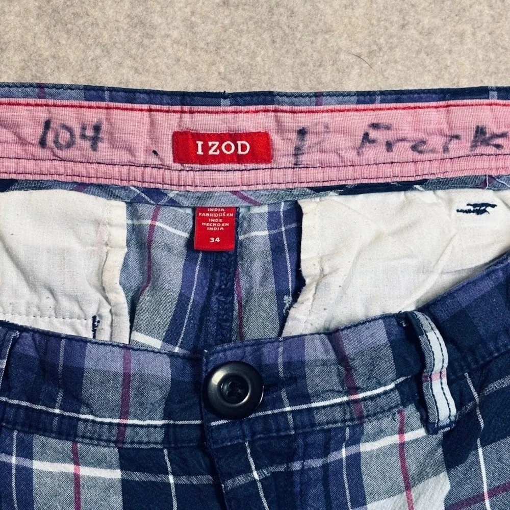 IZOD Plaid Shorts Mens 34 Purple Cotton Preppy Classic Flat Front Casual Trendy